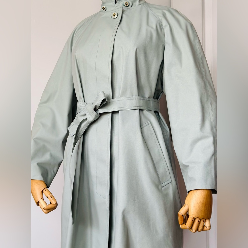 London Fog Belted Trench Coat Mint Sage Rain Coat Classic Vintage - Picture 10 of 17